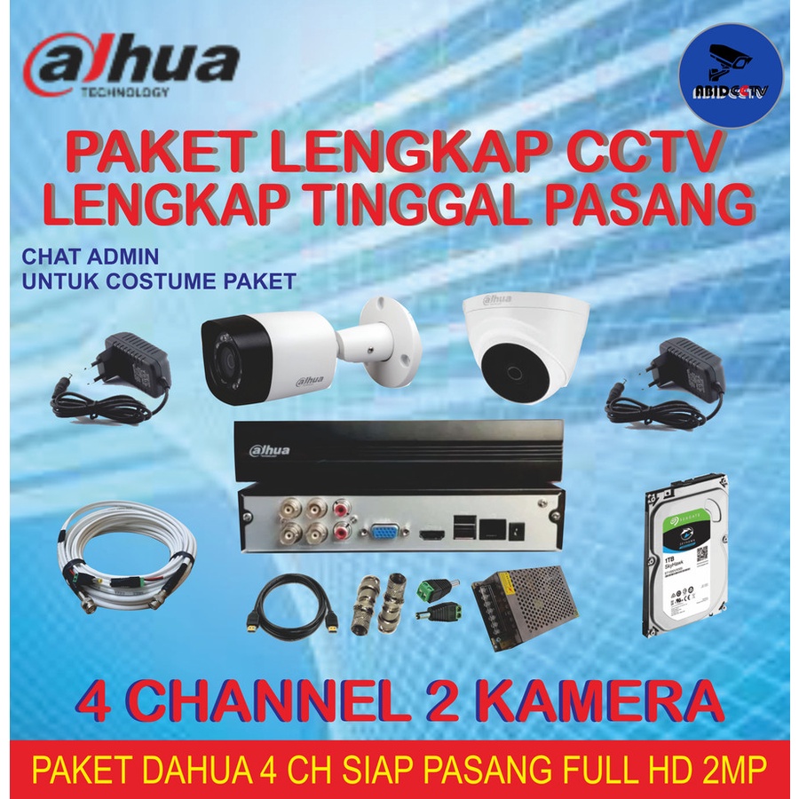 PAKET CCTV DAHUA 4 CHANEL 2 KAMERA 2MP LENGKAP TINGGAL PASANG