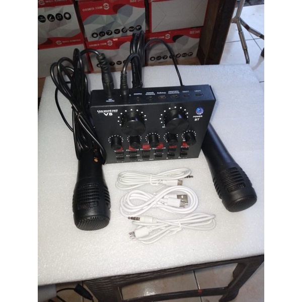Audio Mixser Sound Card V8 Bluetooth Karaoke Live + 2 Mic Kabel