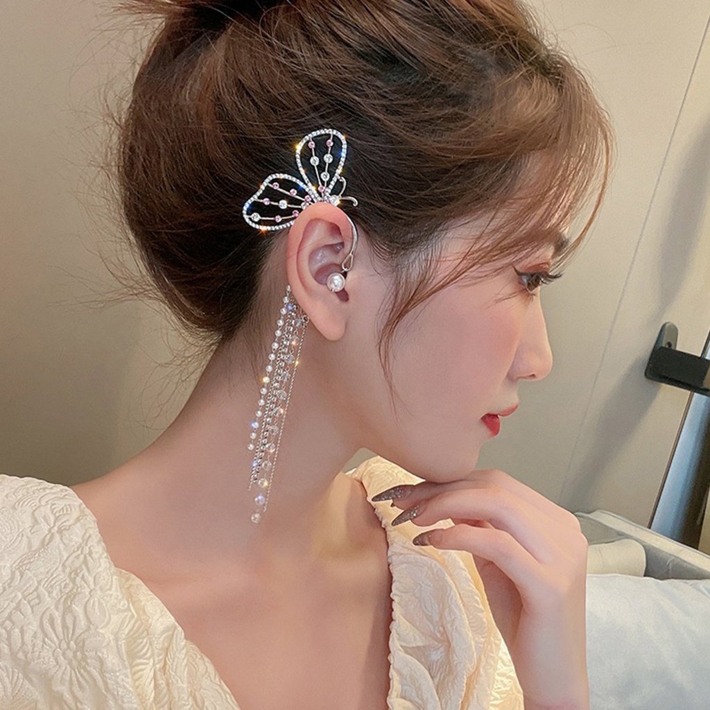 Hu Hu Hu Hu Hu Alat Bantu Pasang Kacamata♡ 1 Pasang Anting Klip Bentuk Kupu-Kupu Aksen Berlian Imitasi Untuk Wanita