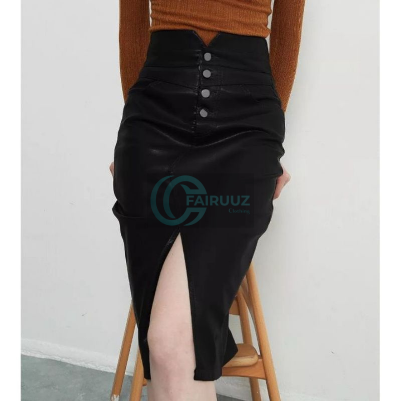Rok Midi Rok Panjang Kulit Semi Wanita High Waist Rok Pensil Bodycon Elegan Split Depan Musim Gugur 
