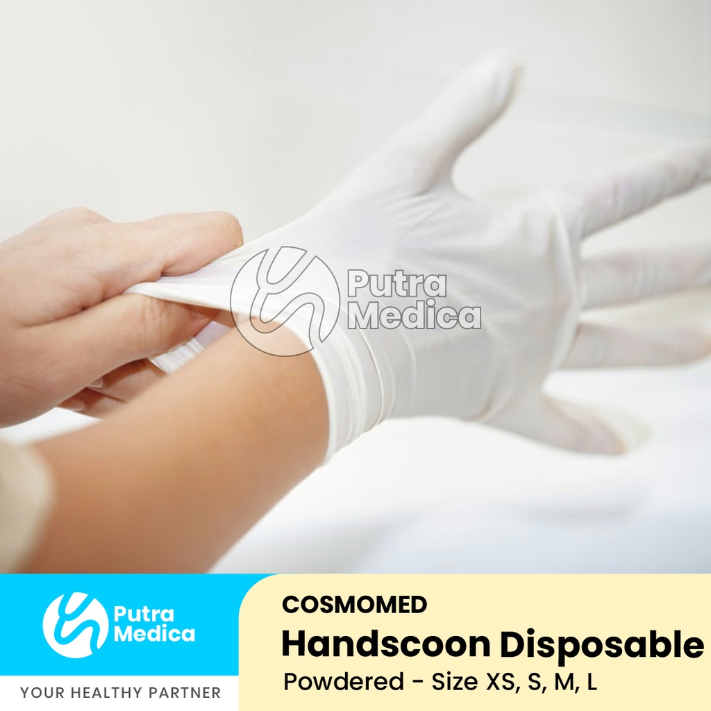 Cosmomed Handscoon Latex Disposable Powdered [Putih] - 1 Box / Sarung Tangan Karet Latex