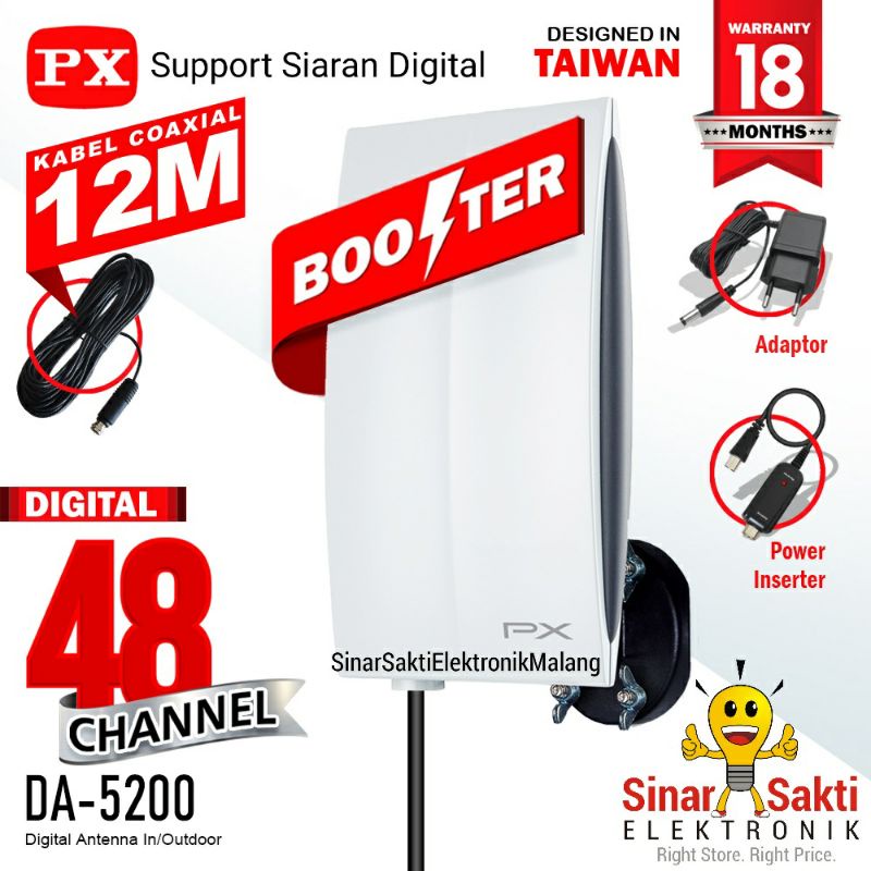 Antena TV Indoor / Outdoor Digital Analog PX DA 5200 Kabel 12M Anten Booster Malang Promo Murah