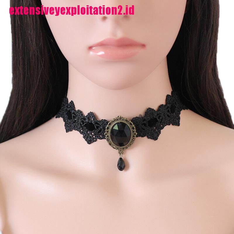 &lt; E2id &amp; &gt; Kalung Choker Lace Hitam Hias Kristal + Berlian Imitasi Gaya Vintage Gothic Untuk Wanita