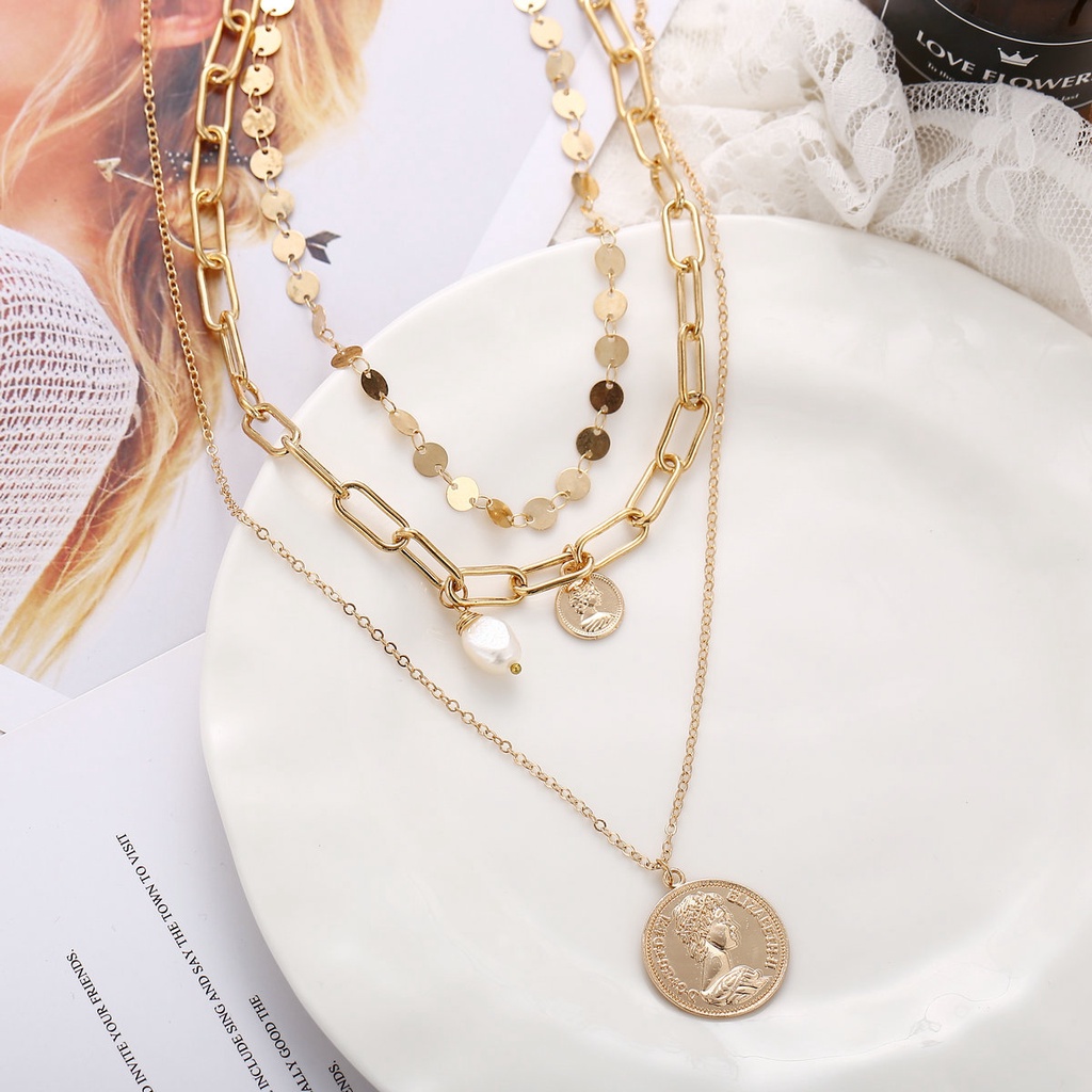 Multilayer Gold Necklace Pearl Portrait Pendant Clavicle Chain Three Layer Choker Jewelry Accessories