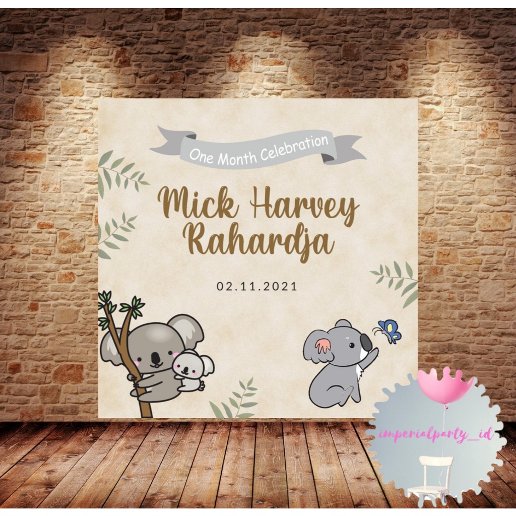 Custom Backdrop Banner Spanduk Happy One Month Koala Animal