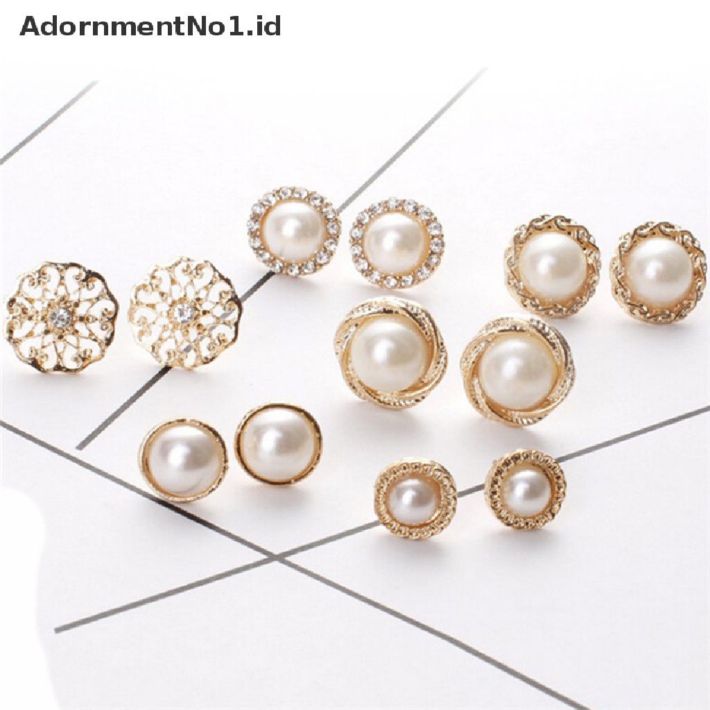 (AdornmentNo1) 6 Pasang / Set Anting Tusuk Motif Tanda + Mutiara + Berlian Imitasi Untuk Perhiasan Wanita (ID)