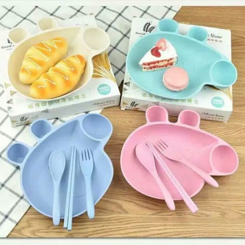 PMP105 Piring Makan Peppa Anak Set, Piring Garpu Sendok Sumpit Bahan Wheat Kuat Termasuk DUS