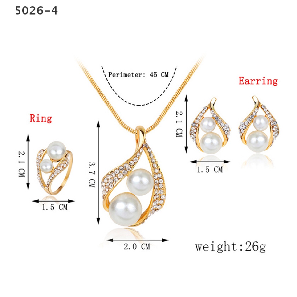 5026-4 Set Kalung + Anting + Cincin Kristal + Mutiara Untuk Pesta Pernikahan