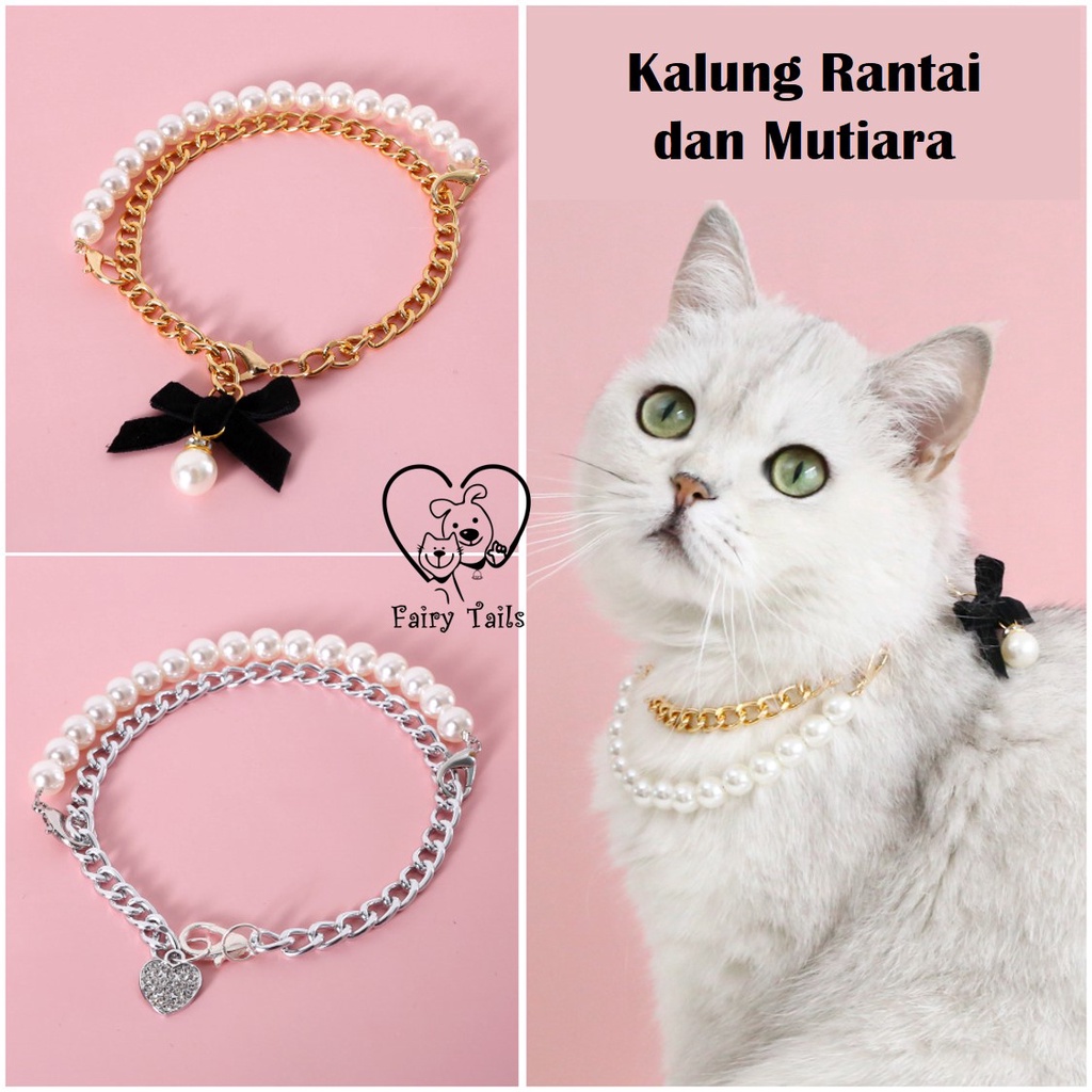 Rantai Kucing Anjing Kostum Cosplay Anabul Anjing Kucing Kalung Rantai dengan Mutiara | Pet Gold Chain with Pearl Necklace