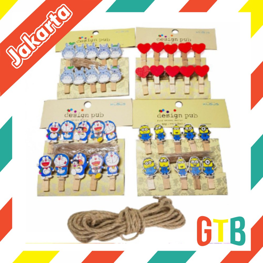 ❤️GTB❤️ R070 JEPITAN 10 PCS WOODEN CLIP KARAKTER FREE TALI RAMI 1.5 METER 3.5 CM IMPORT