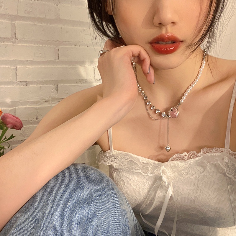 IFYOU Kalung Choker Hias Mutiara Hati Warna Pink Gaya Korea Untuk Wanita