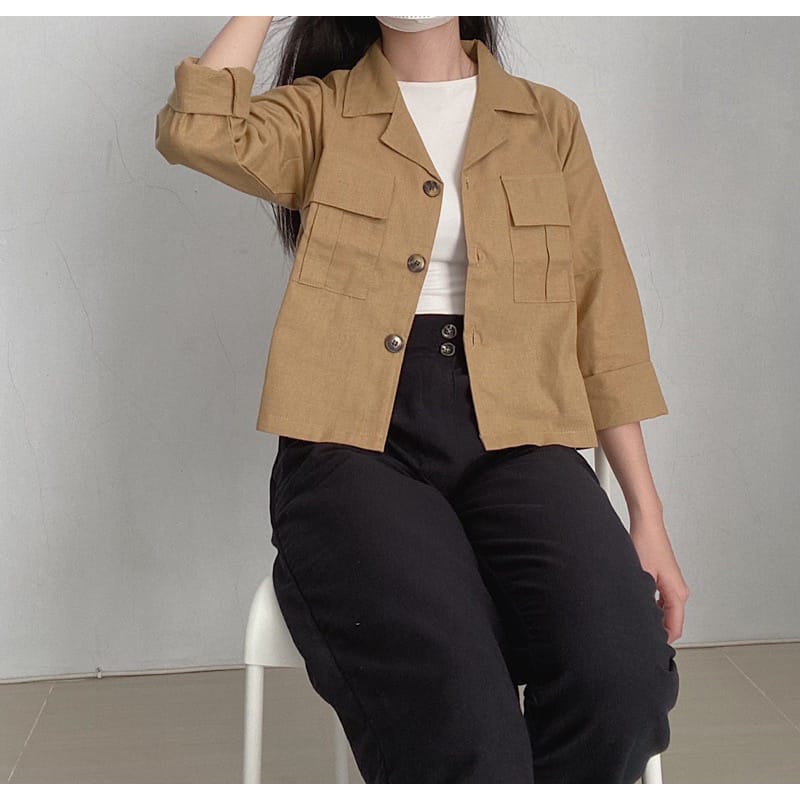 Claryn Outer Linen Crop Version Kemeja Linen Atasan Wanita Kardigan Saku k3