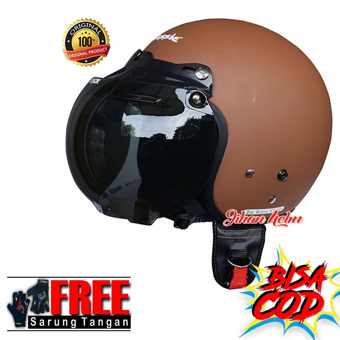 Helm / Helm Retro JM Classic / Helm JM CLASSIC Coklat Doff Kc. Cembung Clear Termurah