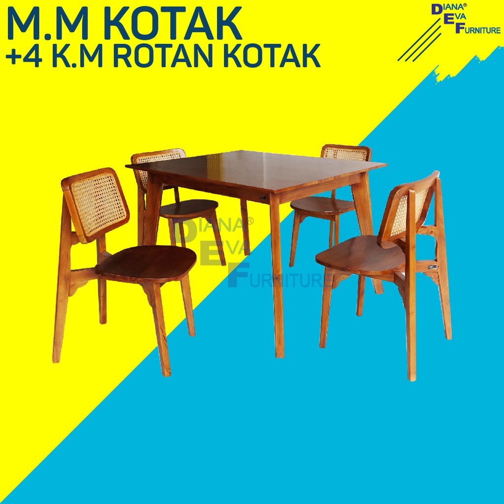 Meja Makan Kotak Kaki Miring + 4 KM Rotan Kotak Jati