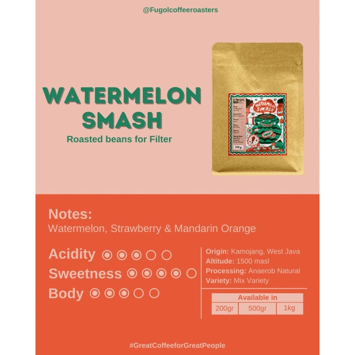 

Kopi-Biji- Kopi Arabika Watermelon Smash! 200 Gram Natural ( Biji / Bubuk ) - Biji -Biji-Kopi 750
