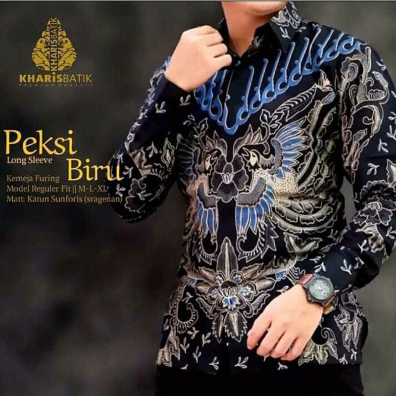 PEKSI ALIT BIRU Kemeja Batik Pria Premum Lengan Panjang Full Furing Bahan Katun Halus Primisima Asli Batik solo