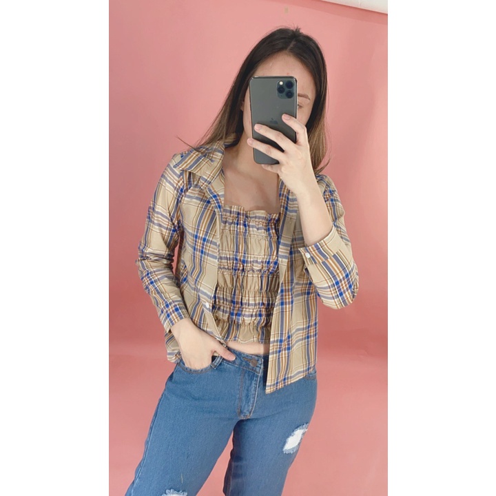 BEFAST - ZEC OOTD Wanita Setelan SATO / Set Emily / Setelan Wanita Luaran + Daleman / Setelan Terbaru / Dalaman Luaran Wanita Kemeja Kotak-Kotak 2in1 Top Pakaian Wanita