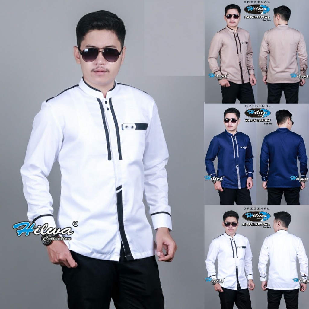 HILWA COLLECTION Baju Koko Pria Dewasa Lengan Panjang Seragam Hadroh Motif Khatulistiwa Warna Coksu 