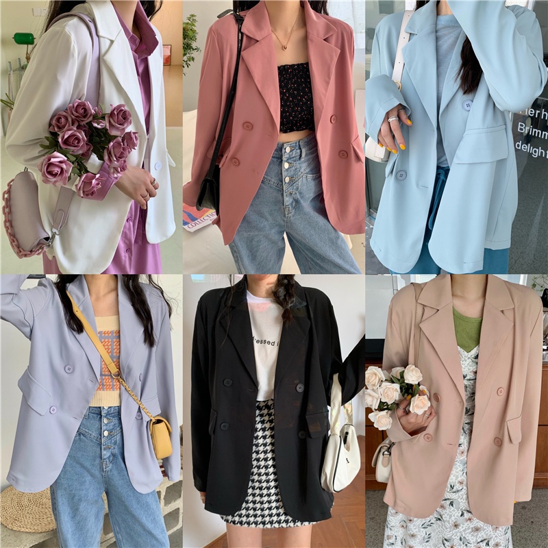 Hitam Pink Biru Korea Blazer Wanita Lengan Panjang Setelan Jas Blazer Women Outer 2023t Murah