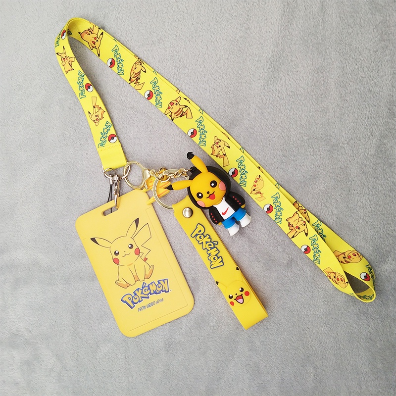 Kartun Pikachu 3D Gantungan Kunci Dengan Pemegang Kartu Leher Lanyard 3 In 1 Nama Sekolah Tag Bus Kartu Kunci Tali Telepon