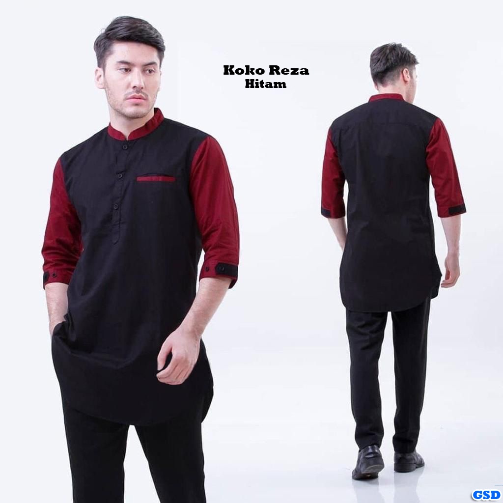 Kemeja Koko Reza/ Kemeja Koko Lengan 3/4  / Baju Lebaran Cowok Polos  / Baju Koko Reza Warna Kombinasi Real Picture