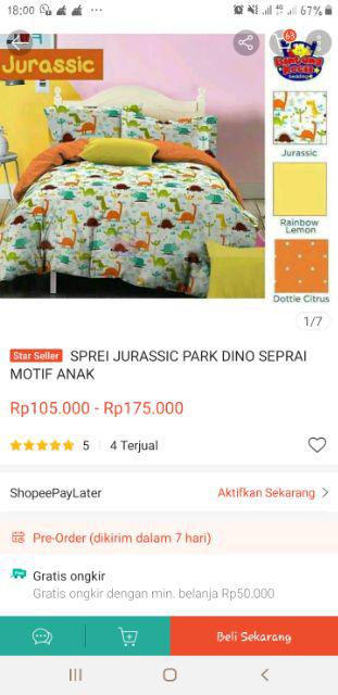 Sprei Jurassic Park Dino Seprai Motif Anak