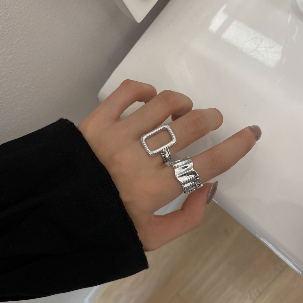 Cincin S925 Silver Model Terbuka Bentuk Kotak Geometris Rongga Tidak Teratur Gaya Retro Hip Hop Punk Untuk Wanita