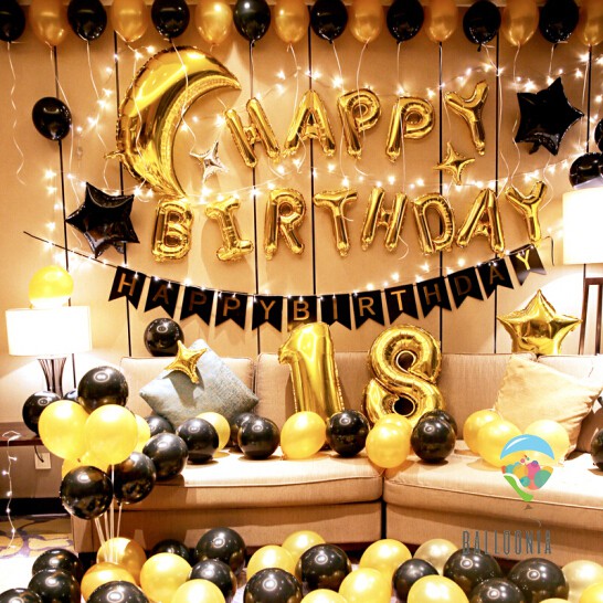 LED Set Balon Foil Birthday Black Gold Moon | Dekorasi Balon Ulang Tahun Exclusive