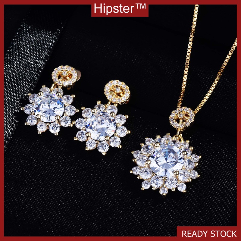 Fashion S925 Silver Light Luxury Super Flash SUNFLOWER Eardrops Stud Earrings Necklace Set