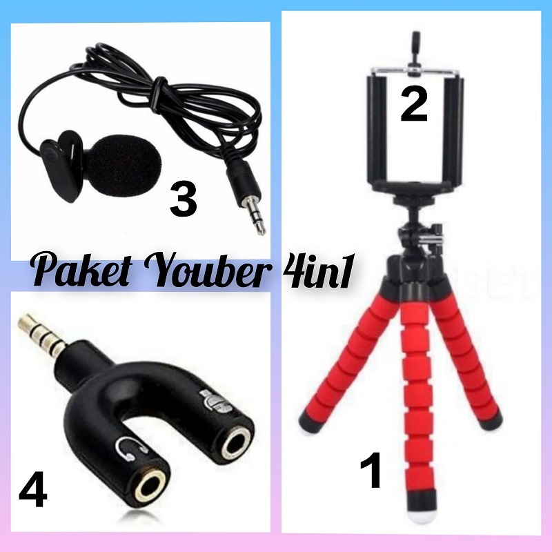 Paket youtuber 4 in 1: Mini tripod spider + U Holder + Clip on mic + Splitter U