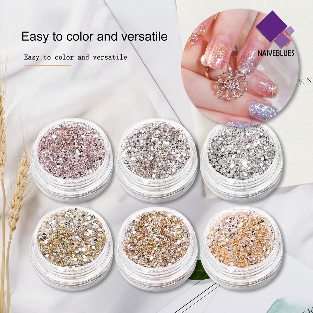 Naiveblue Bubuk Glitter Sequin Berlian Imitasi Ukuran Campur Untuk Dekorasi Nail Art DIY