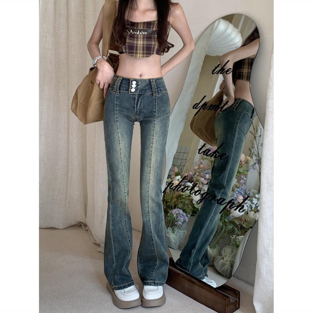 Red Hot Girl Retro Stretch Jeans Wanita Musim Panas Lurus Pria Kecil All-Match Slim Mengepel Micro-flare Celana Celana