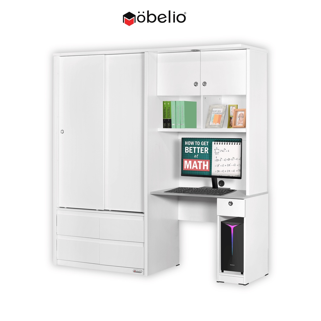 MOBELIO - Lemari Pakaian 2 Pintu Sliding dan Meja Belajar Desk Set Minimalis - WDSD