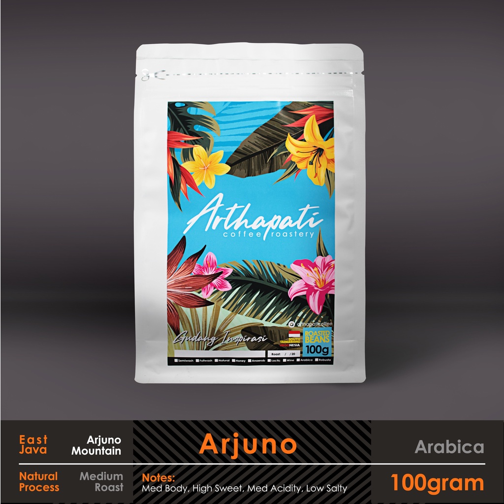 

Biji Kopi Arjuno Arabica Natural Processed Arthapati Roasted Beans Coffee 100 gram