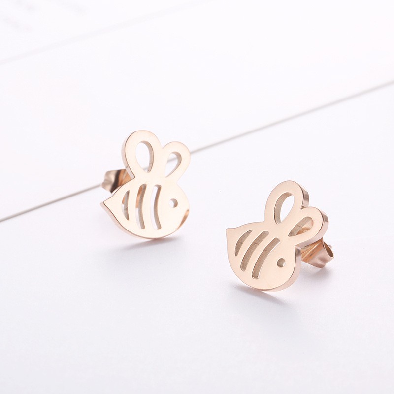 Anting Titanium Rose Gold Asli Wanita Fashion Anti Karat Murah AA041 motif lebah lucu