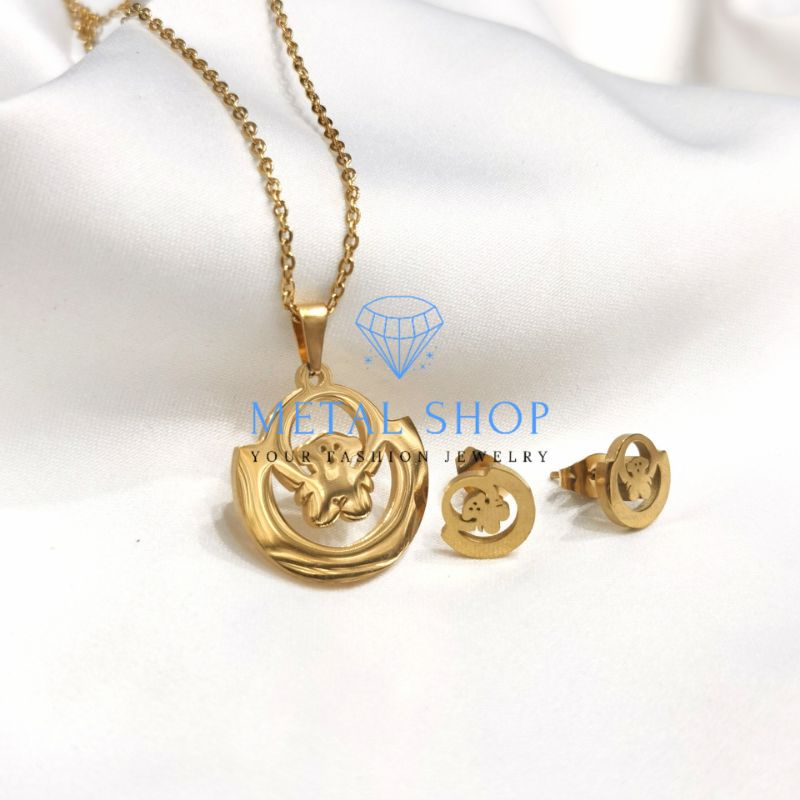 Kalung set anting korea titanium model teddy bear