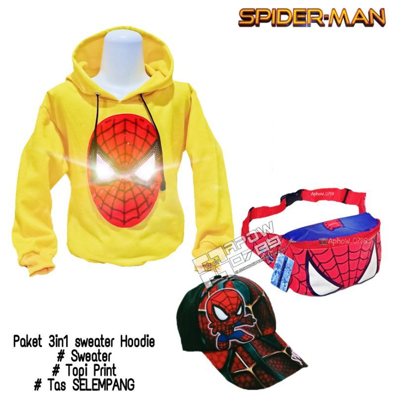 3IN1 Paket sweater Hoodie anak laki-laki LED Superhero | free waistbag dan topi