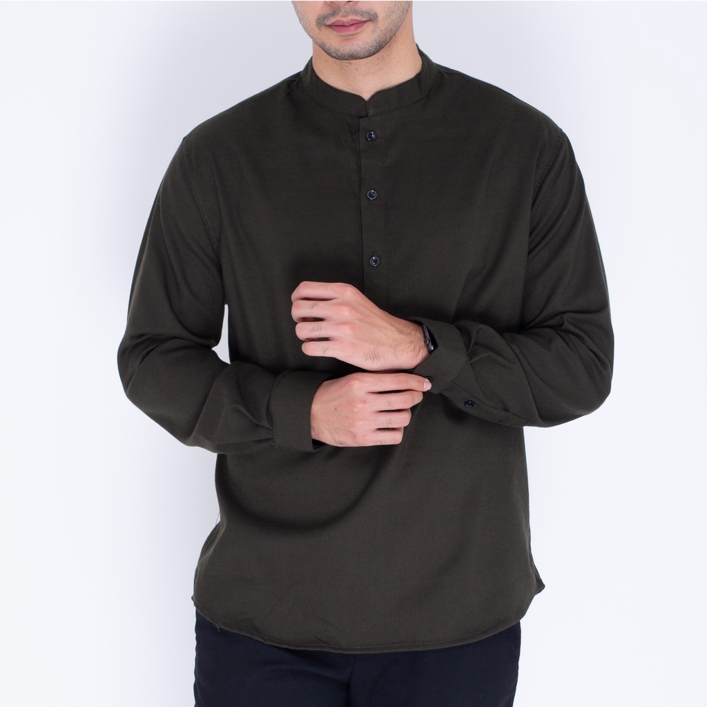 Koko Kurta Pria Panjang Army - Baju Muslim Pria Lengan Panjang Army - Kemeja Pria Lengan Panjang Army