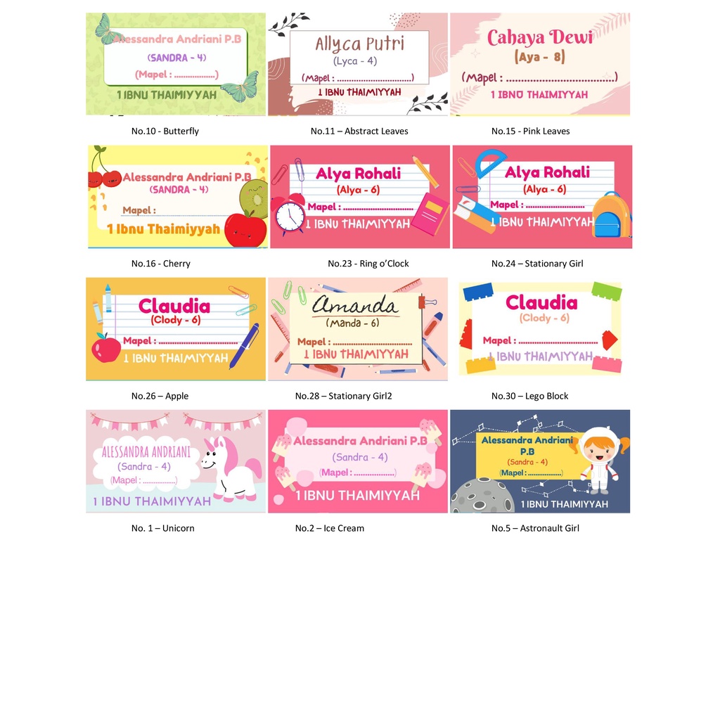 

Cetak Label Sticker Buku Peralatan sekolah (Anak Perempuan)