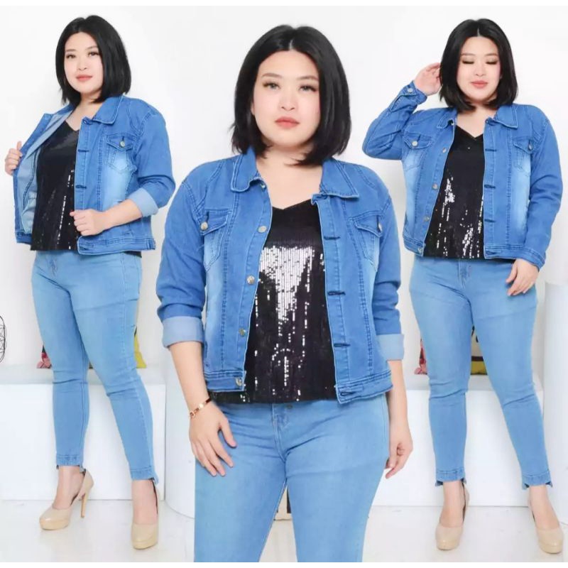 JAKET JEANS CROP WANITA JUMBO LD 120cm-JAKET JEANS SNOW WANITA BAHAN TEBAL