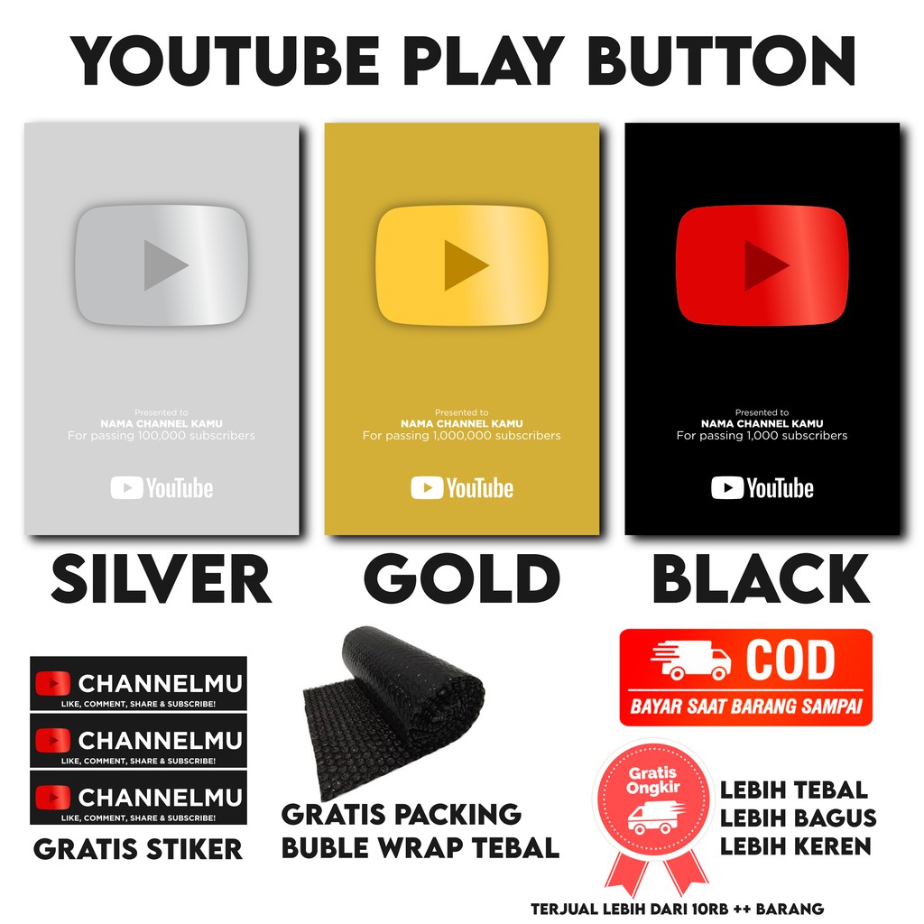 YOUTUBE PLAY BUTTON GOLD SILVER BLACK FREE STIKER
