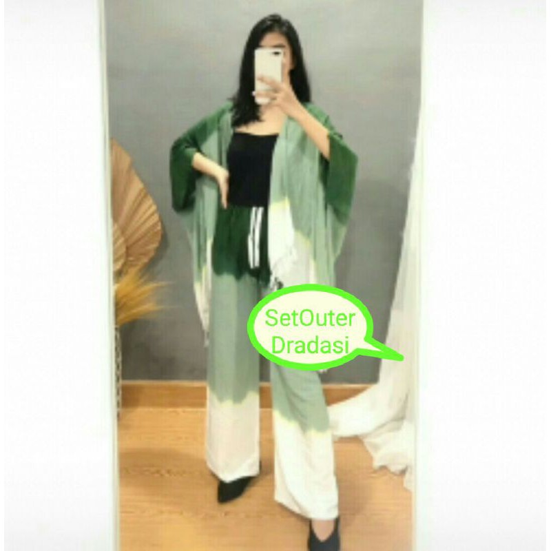 SET OUTER CARDIGAN TIE DYE KARDIGAN TIE DIE TIEDYE-Gradasi hijau