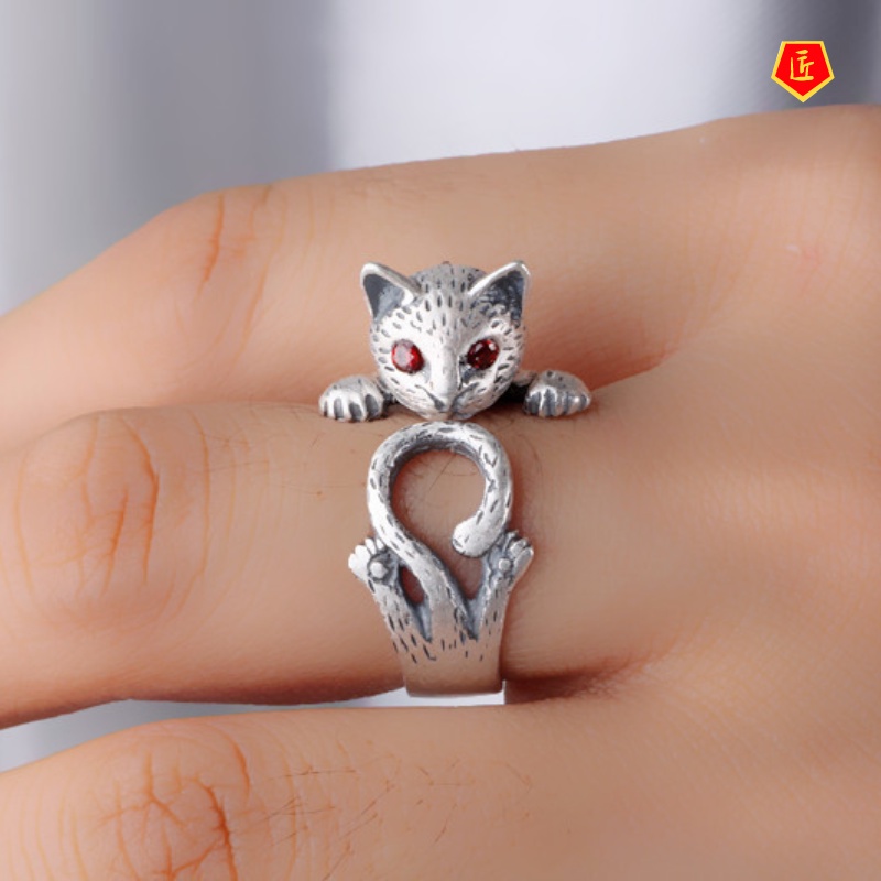 [Ready Stock]Women's Fashion Retro Lucky Cat Silver Ring