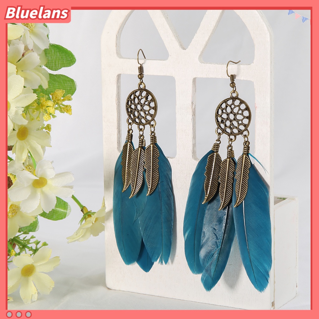 Bluelans 1 Pasang Anting Tusuk Gantung Wanita Desain Daun Bulu Portable Gaya Bohemia Untuk Pernikahan
