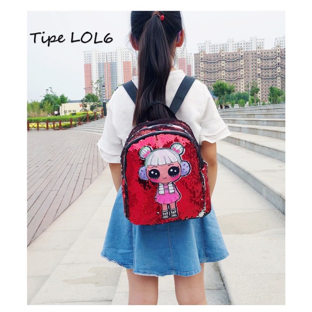 Tas Ransel Sequin Lampu LED LOL - LOL5 LOL6 tas punggung anak perempuan mute flip bolak balik