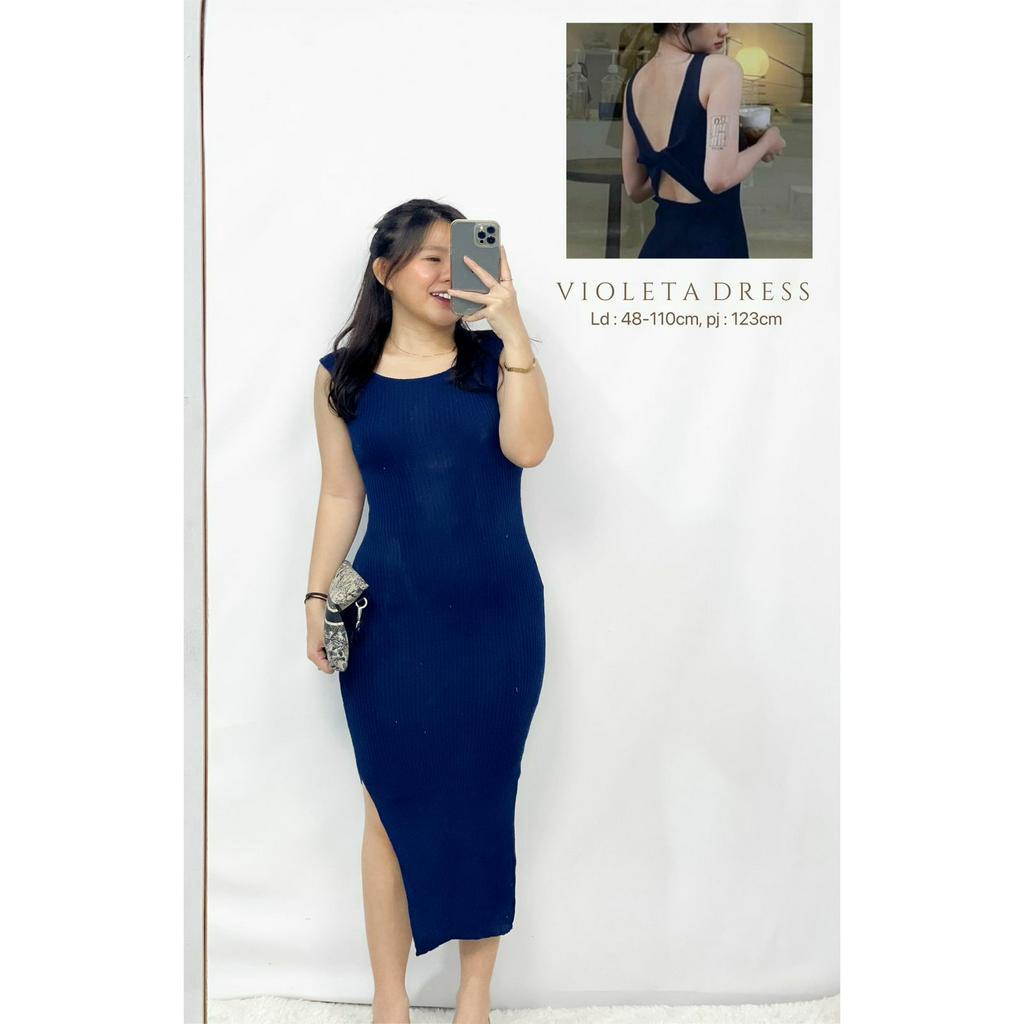 Midi Dress Tanpa Lengan Bahan Rajut Premium Dress Violeta HOPYLOPY