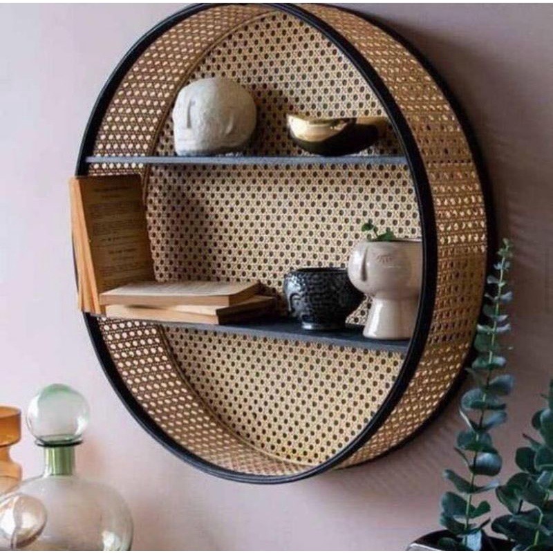 rak dinding bulat kayu jati kombinasi rotan