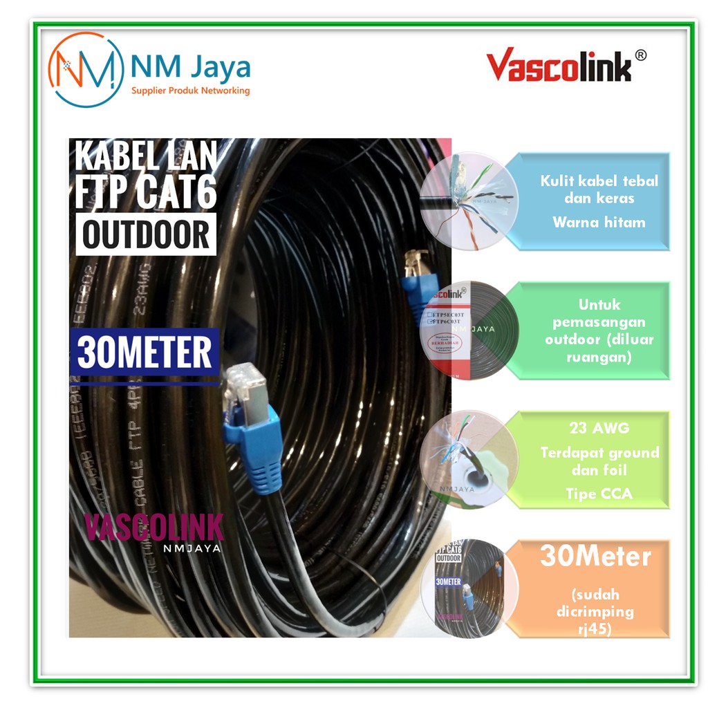 Kabel Lan Outdoor 30 Meter FTP CAT6 Siap Pakai sudah dicrimping rj45 besi dan plugbooth Vascolink Warna Hitam