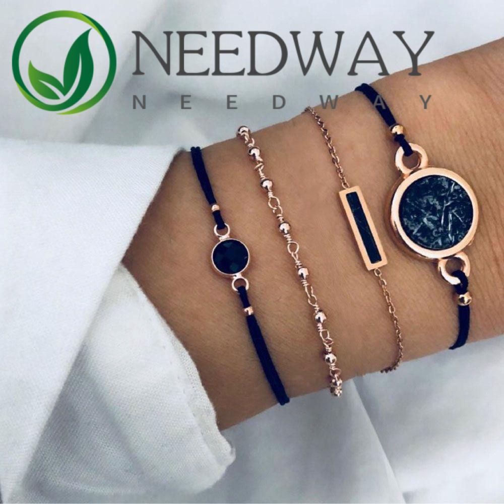 Needway  Geometric Jewelry Elegant Fashion Accessories Bracelet 4Pcs/Set Black Square Stone Handmade Simple Chain/Multicolor