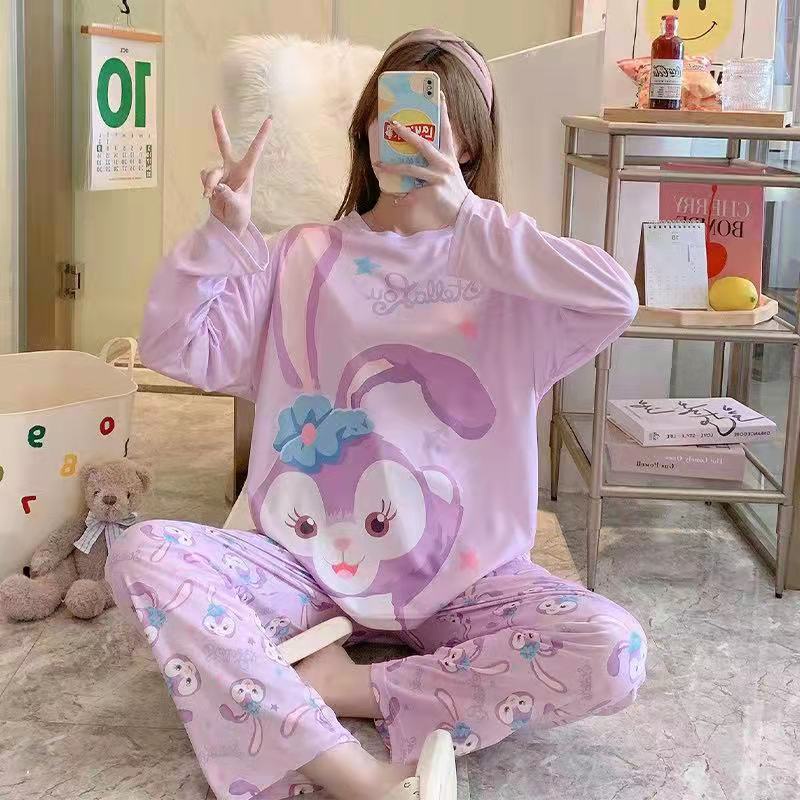 Setelan Piyama Bahan Adem Lengan Panjang Oversize Karakter Lucu Baju Tidur Wanita-violet bunny